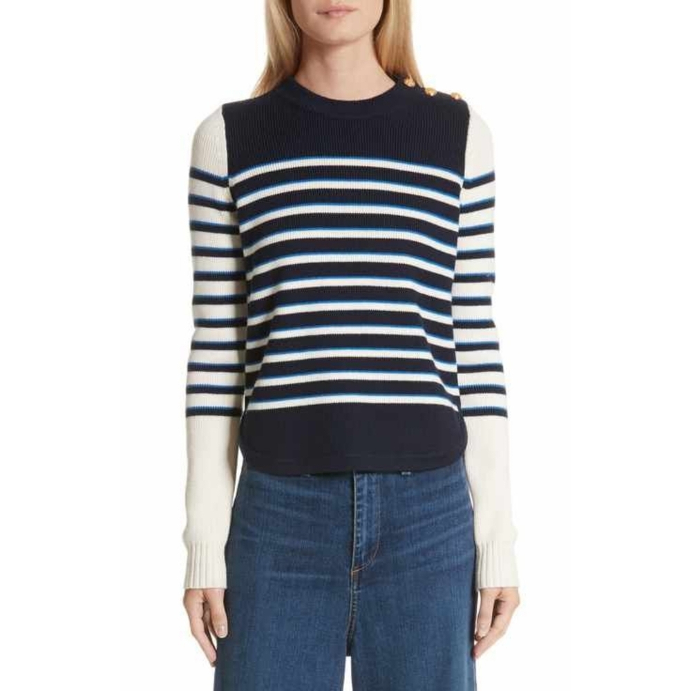 Veronica Beard Amos Striped Button Shoulder Wool Sweater Medium